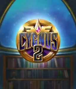 Discover the magical visuals of Cygnus 2 Slot by ELK Studios, featuring a stunning emblem with a bright purple and gold design. Positioned against a starlit background of a library, this graphic evokes the essence of mystical exploration. 